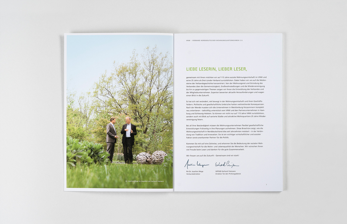 Annual Report Design, Geschäftsbericht / Editorial des Tätigkeitsbericht 2015 des VNW Verband Norddeutscher Wohnungsunternehmen e.V., Hamburg; Fotografie, Corporate Design