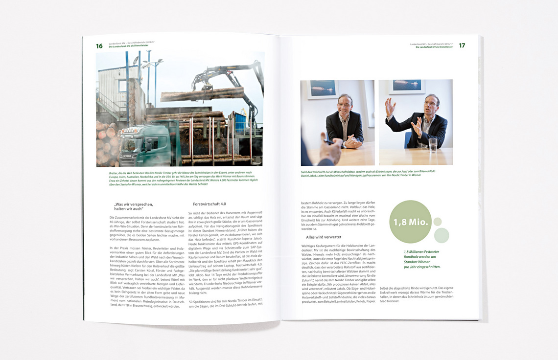 Geschäftsbericht 2016/17 für die Landesforst Mecklenburg-Vorpommern, Innenseiten, Annualreport Design, Printdesign, Fotografie Jann Wilken