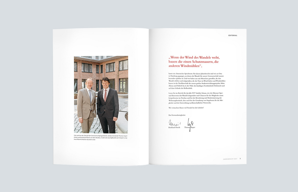 Annual Report Design, Jahresbericht 2017 der altoba, Hamburg; Innenseiten Fotografie des Vorstands, Vorwort