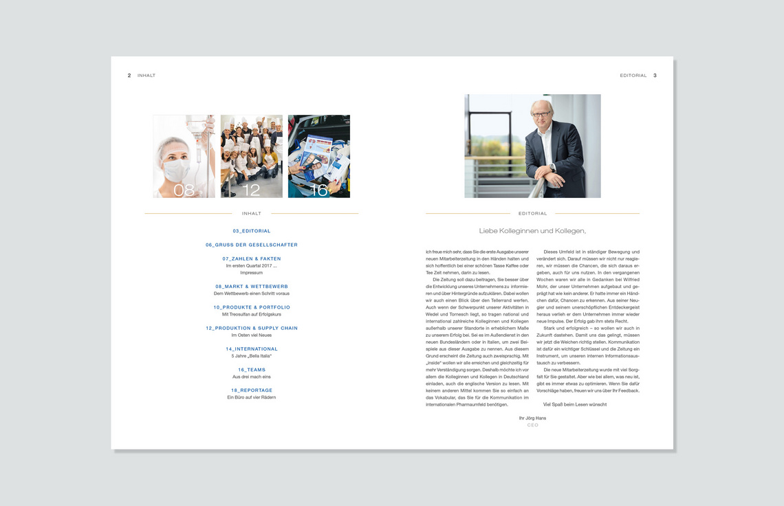 Editorial Design, Mitarbeitermagazin, Corporate Publishing; Innenseiten Mitarbeiterzeitung für die medac, Hamburg; Typografie, Info-Grafik