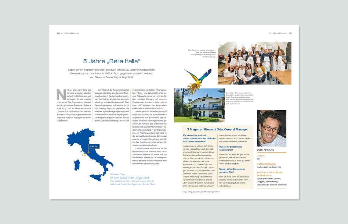 Editorial Design, Mitarbeitermagazin, Corporate Publishing; Innenseiten Mitarbeiterzeitung für die medac, Hamburg; Typografie, Info-Grafik