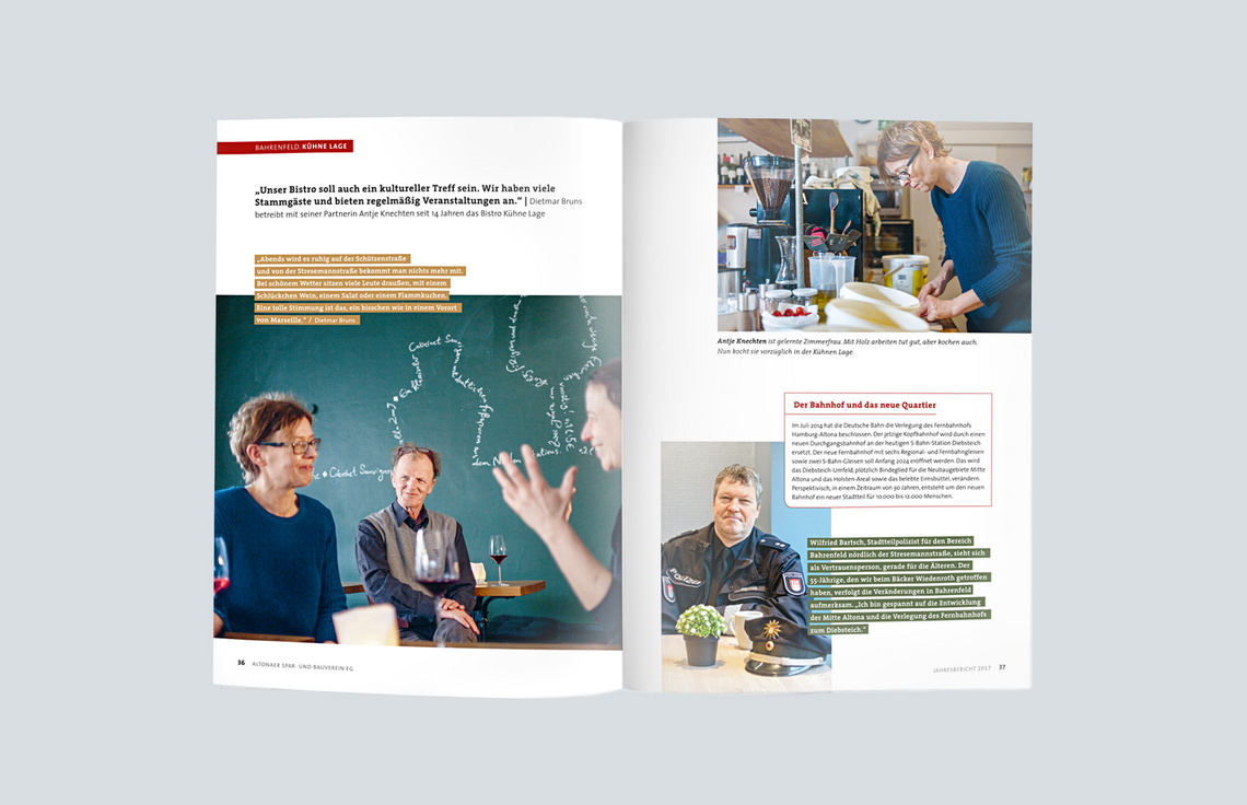Annual Report Design, Jahresbericht 2017 der altoba, Hamburg; Innenseiten, Editorial-Design, Typographie, Reportage; Fotografie Jann Wilken