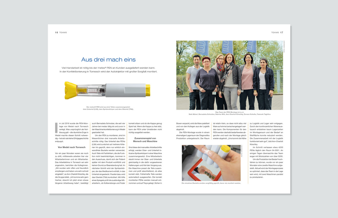 Editorial Design, Mitarbeitermagazin, Corporate Publishing; Innenseiten Mitarbeiterzeitung für die medac, Hamburg; Typografie, Info-Grafik