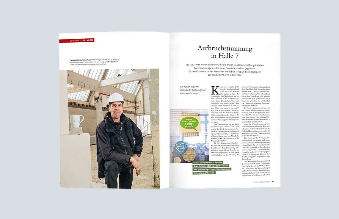 Annual Report Design, Jahresbericht 2017 der altoba, Hamburg; Innenseiten, Editorial-Design, Typographie, Reportage; Fotografie Jann Wilken