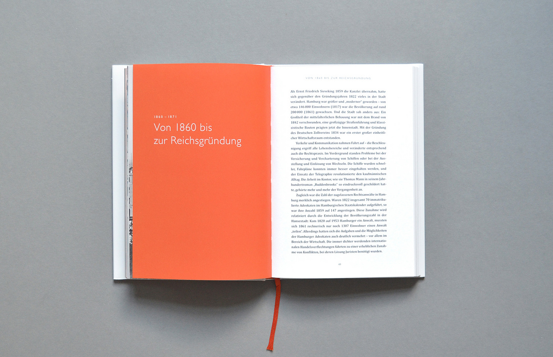 Editorial Design, Buchgestaltung, Typografie; Innenseiten aus dem Buch über die Geschichte der Sozietät Esche Schümann Commichau, Hamburg