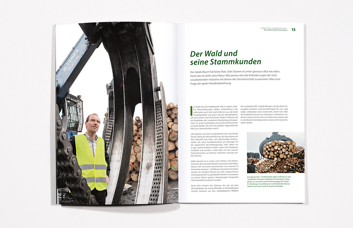 Geschäftsbericht 2016/17 für die Landesforst Mecklenburg-Vorpommern, Innenseiten, Annualreport Design, Printdesign, Fotografie Jann Wilken