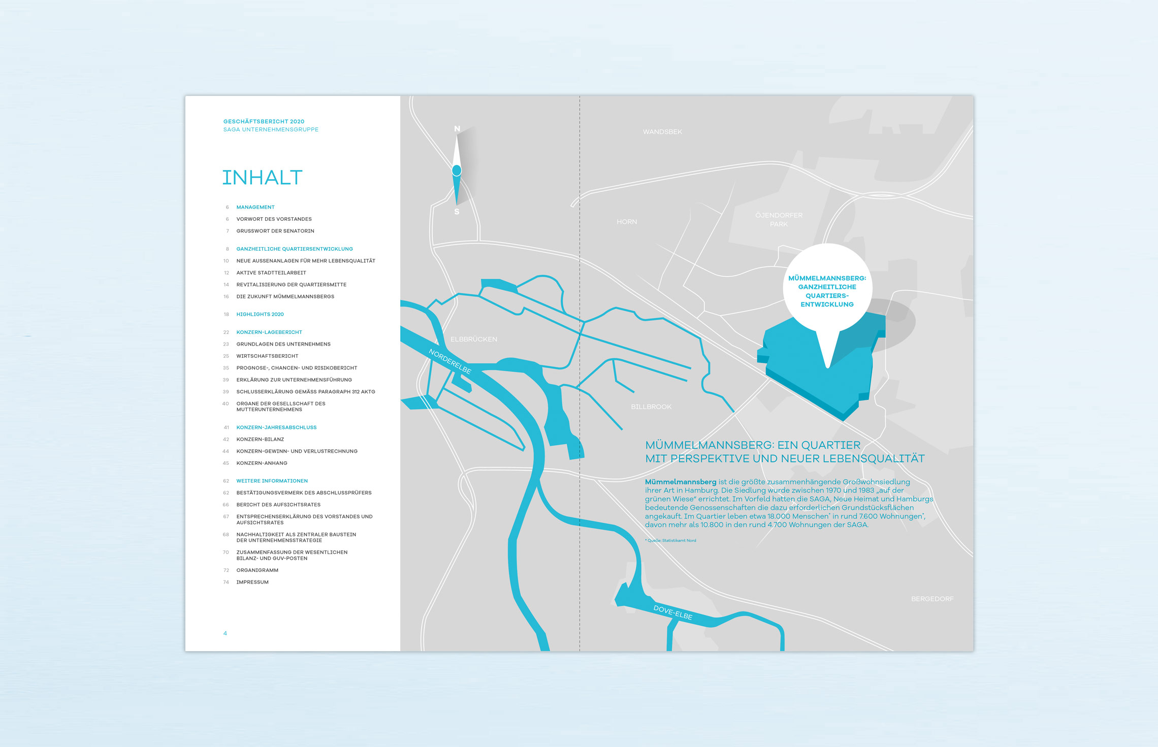 Geschäftsbericht, Editorial Design, Annual Report; KonzernGeschäftsbericht 2020 der SAGA Unternehmensgruppe, Hamburg, zum Thema ganzheitliche Quartiersentwicklung am Beispiel Mümmelmannsberg; Inhaltsverzeichnis, Illustration Stadtplan Hamburg; Konzept