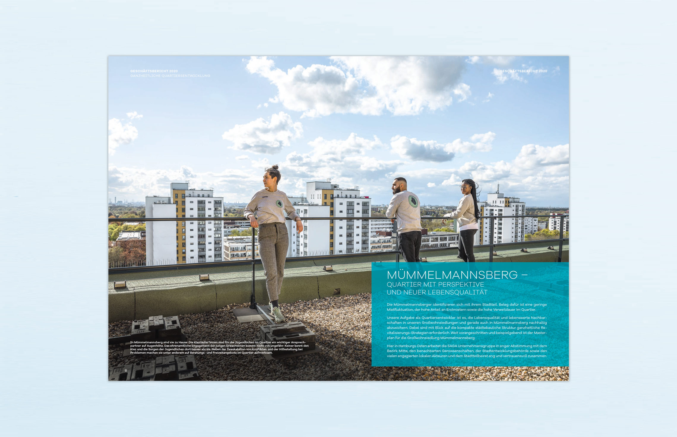 Geschäftsbericht, Editorial Design, Annual Report; KonzernGeschäftsbericht 2020 der SAGA Unternehmensgruppe, Hamburg, zum Thema ganzheitliche Quartiersentwicklung am Beispiel Mümmelmannsberg; Aufmacherseite, Fotografie