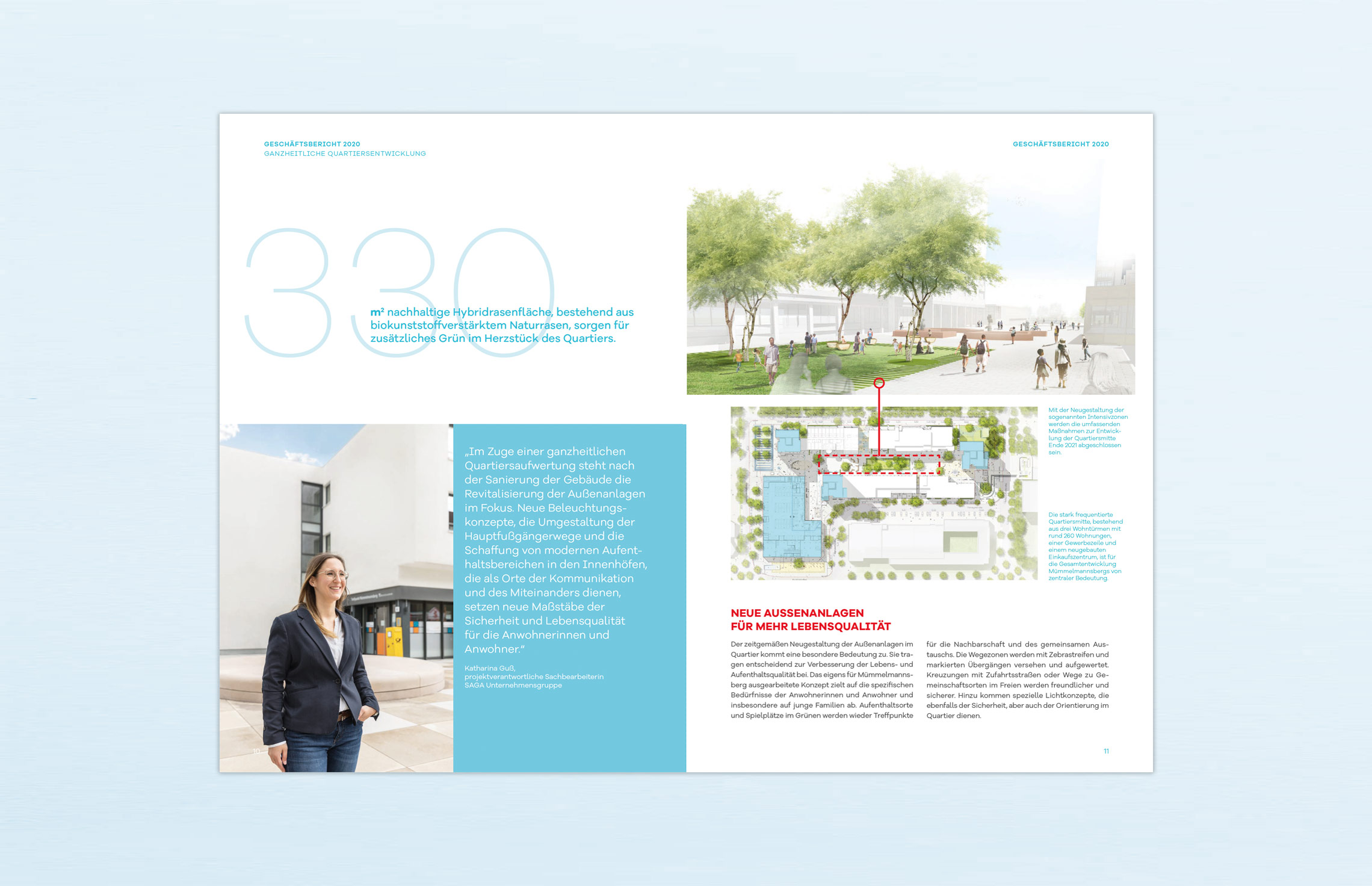 Geschäftsbericht, Editorial Design, Annual Report; KonzernGeschäftsbericht 2020 der SAGA Unternehmensgruppe, Hamburg, zum Thema ganzheitliche Quartiersentwicklung am Beispiel Mümmelmannsberg; Inhaltsseite, Typografie, Fotografie