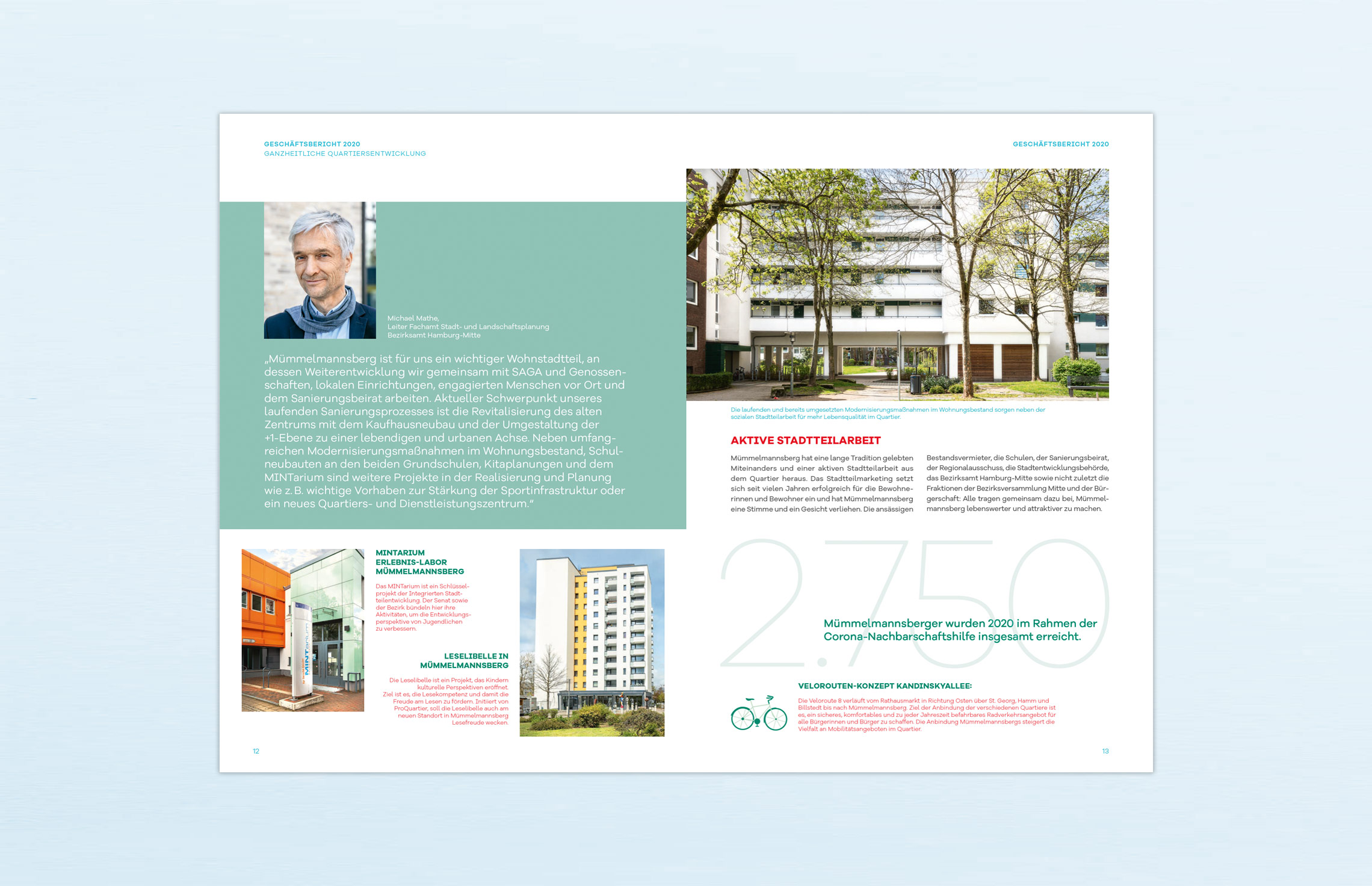 Geschäftsbericht, Editorial Design, Annual Report; KonzernGeschäftsbericht 2020 der SAGA Unternehmensgruppe, Hamburg, zum Thema ganzheitliche Quartiersentwicklung am Beispiel Mümmelmannsberg; Inhaltsseite, Typografie, Fotografie