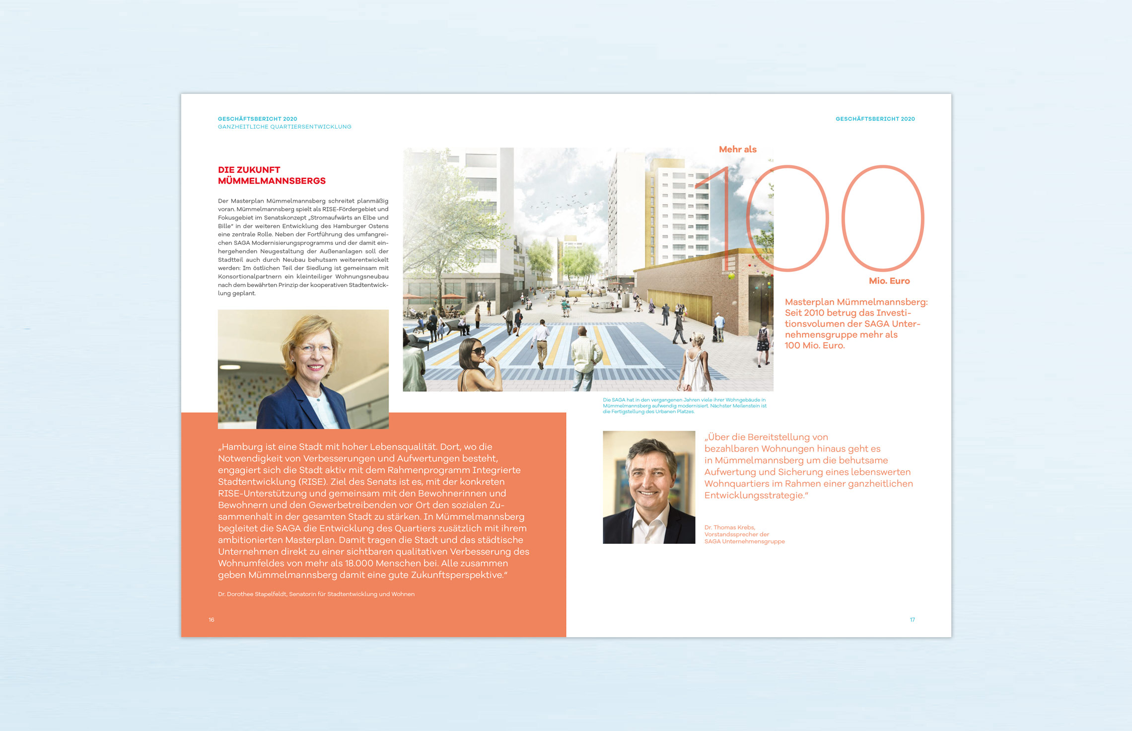 Geschäftsbericht, Editorial Design, Annual Report; KonzernGeschäftsbericht 2020 der SAGA Unternehmensgruppe, Hamburg, zum Thema ganzheitliche Quartiersentwicklung am Beispiel Mümmelmannsberg; Inhaltsseite, Typografie, Fotografie