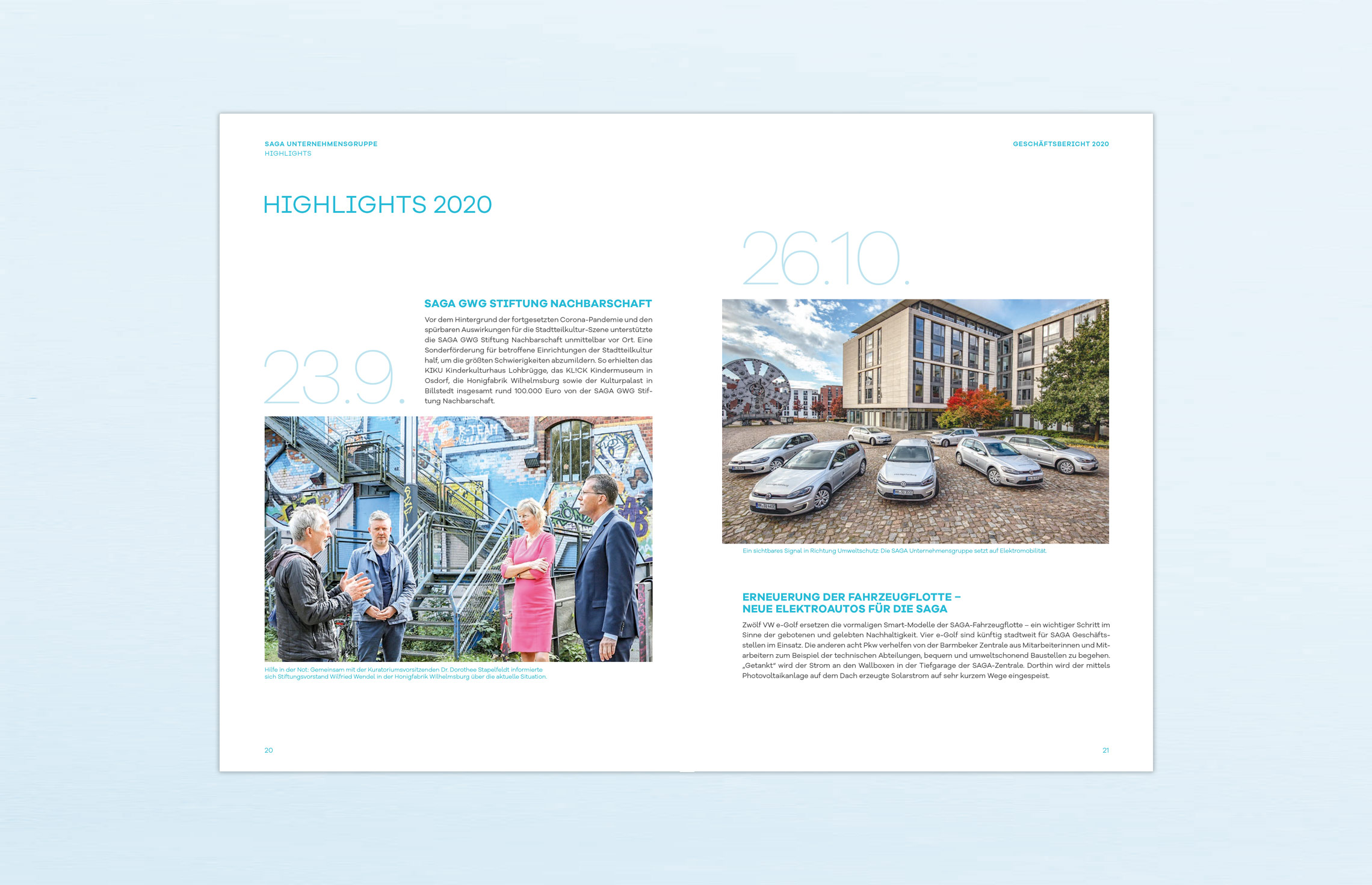 Geschäftsbericht, Editorial Design, Annual Report; KonzernGeschäftsbericht 2020 der SAGA Unternehmensgruppe, Hamburg, zum Thema ganzheitliche Quartiersentwicklung am Beispiel Mümmelmannsberg; Highlights, Typografie, Fotos