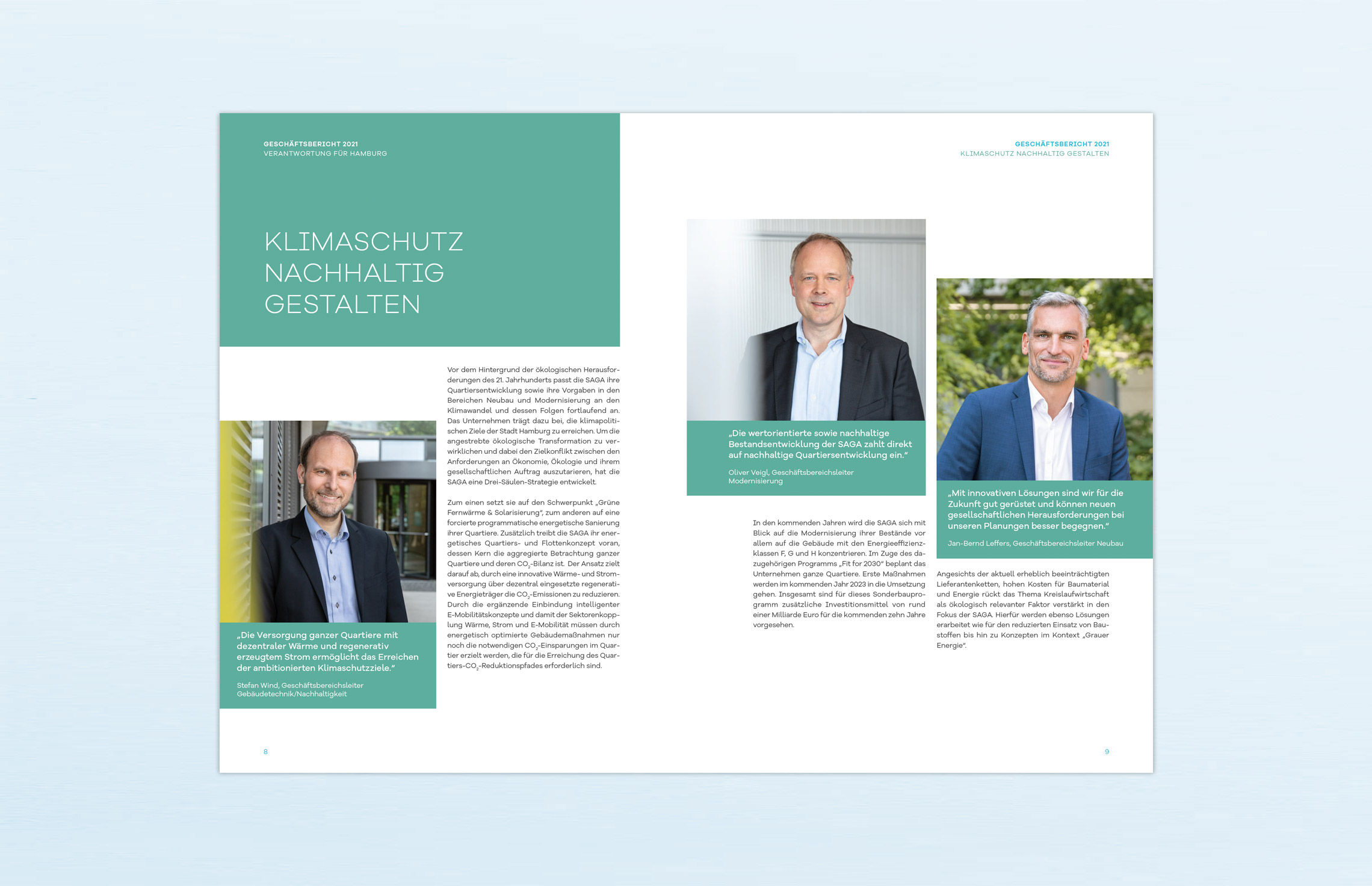 Geschäftsbericht, Editorial Design, Annual Report; Konzern-Geschäftsbericht 2021 der SAGA Unternehmensgruppe, Hamburg; Innenseiten; Porträts, Fotografie, Typografie, Editorial-Design