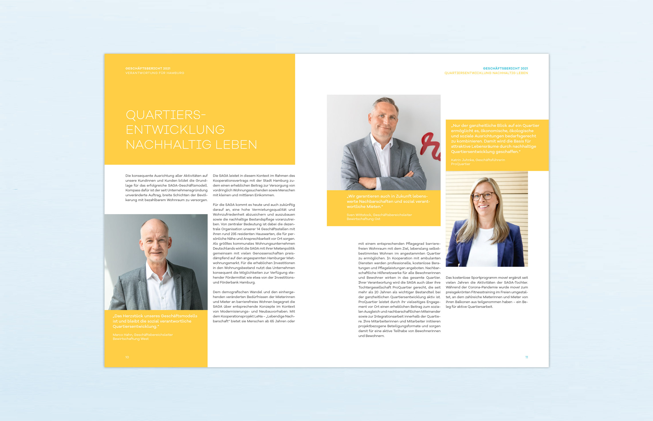 Geschäftsbericht, Editorial Design, Annual Report; Konzern-Geschäftsbericht 2021 der SAGA Unternehmensgruppe, Hamburg; Innenseiten; Porträts, Fotografie, Typografie, Editorial-Design