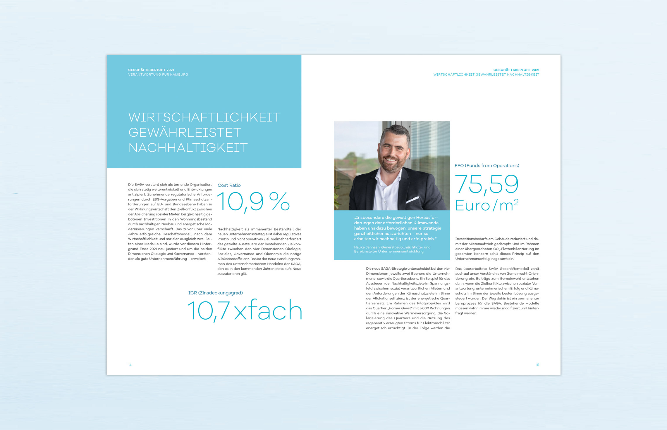 Geschäftsbericht, Editorial Design, Annual Report; Konzern-Geschäftsbericht 2021 der SAGA Unternehmensgruppe, Hamburg; Innenseiten; Porträts, Fotografie, Typografie, Editorial-Design