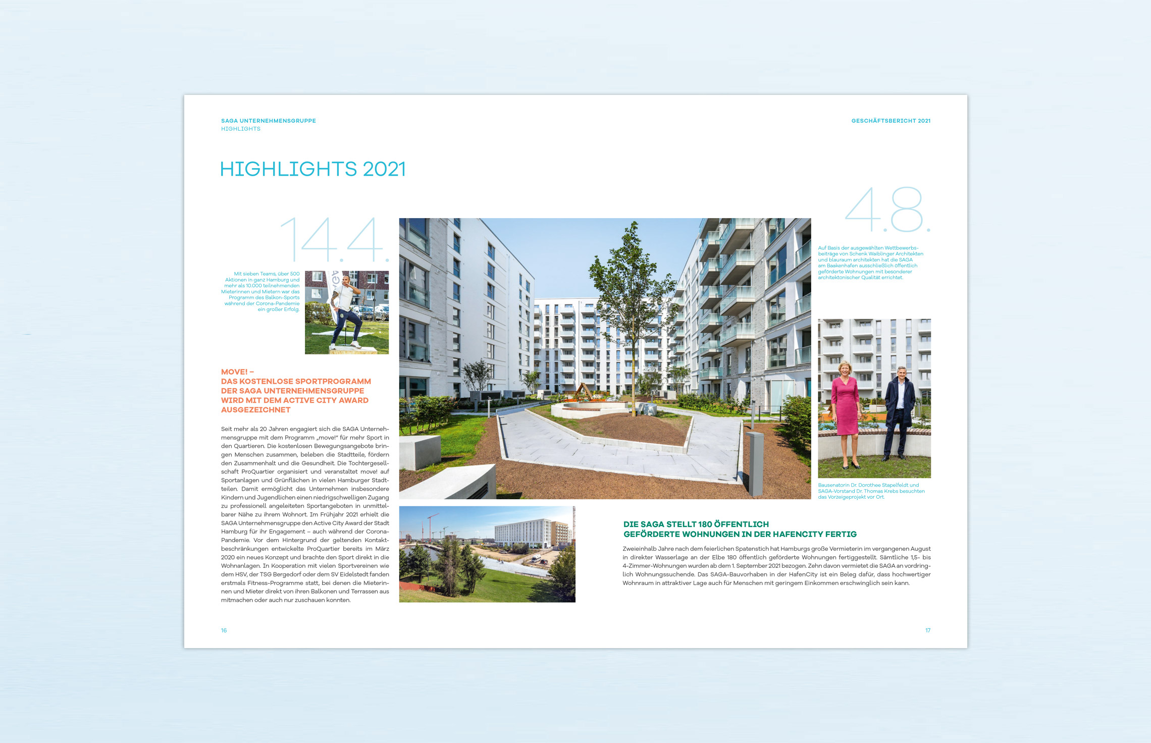 Geschäftsbericht, Editorial Design, Annual Report; Konzern-Geschäftsbericht 2021 der SAGA Unternehmensgruppe, Hamburg; Innenseiten; Highlights 2020, Fotografie, Typografie, Editorial-Design