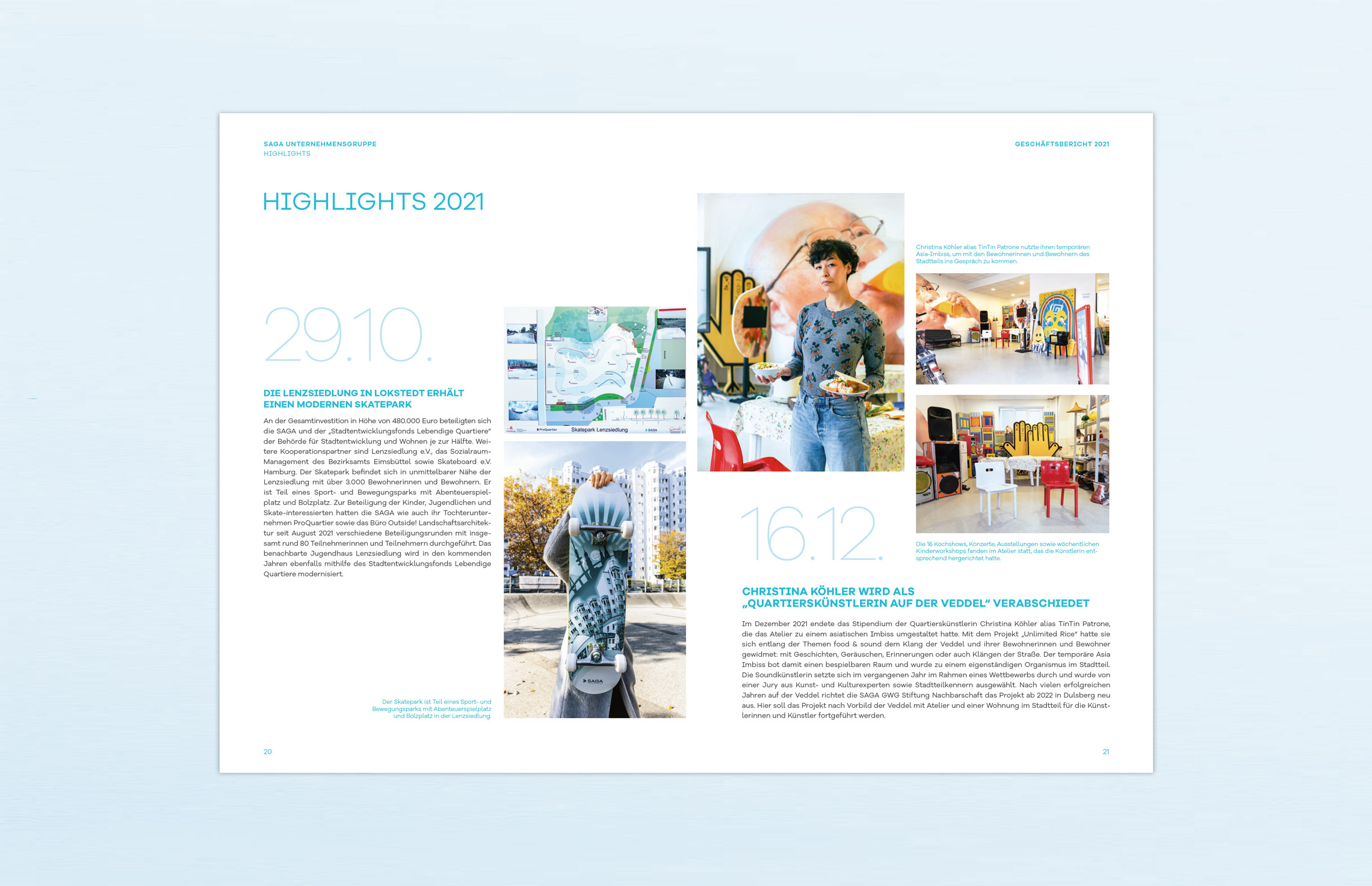 Geschäftsbericht, Editorial Design, Annual Report; Konzern-Geschäftsbericht 2021 der SAGA Unternehmensgruppe, Hamburg; Innenseiten; Highlights 2020, Fotografie, Typografie, Editorial-Design