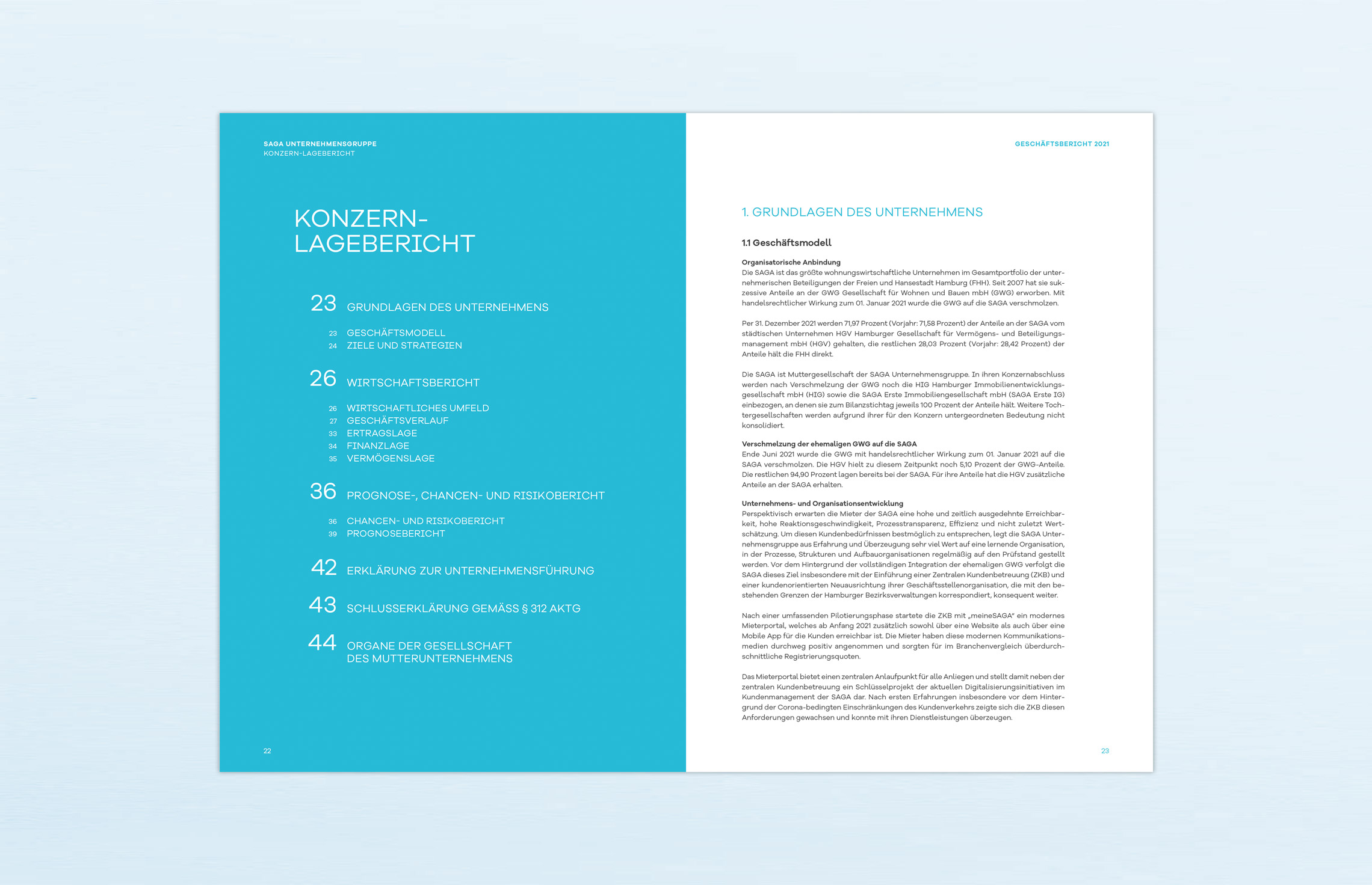 Geschäftsbericht, Editorial Design, Annual Report; Konzern-Geschäftsbericht 2021 der SAGA Unternehmensgruppe, Hamburg; Innenseiten; Typografie, Editorial-Design, Inhaltsverzeichnis