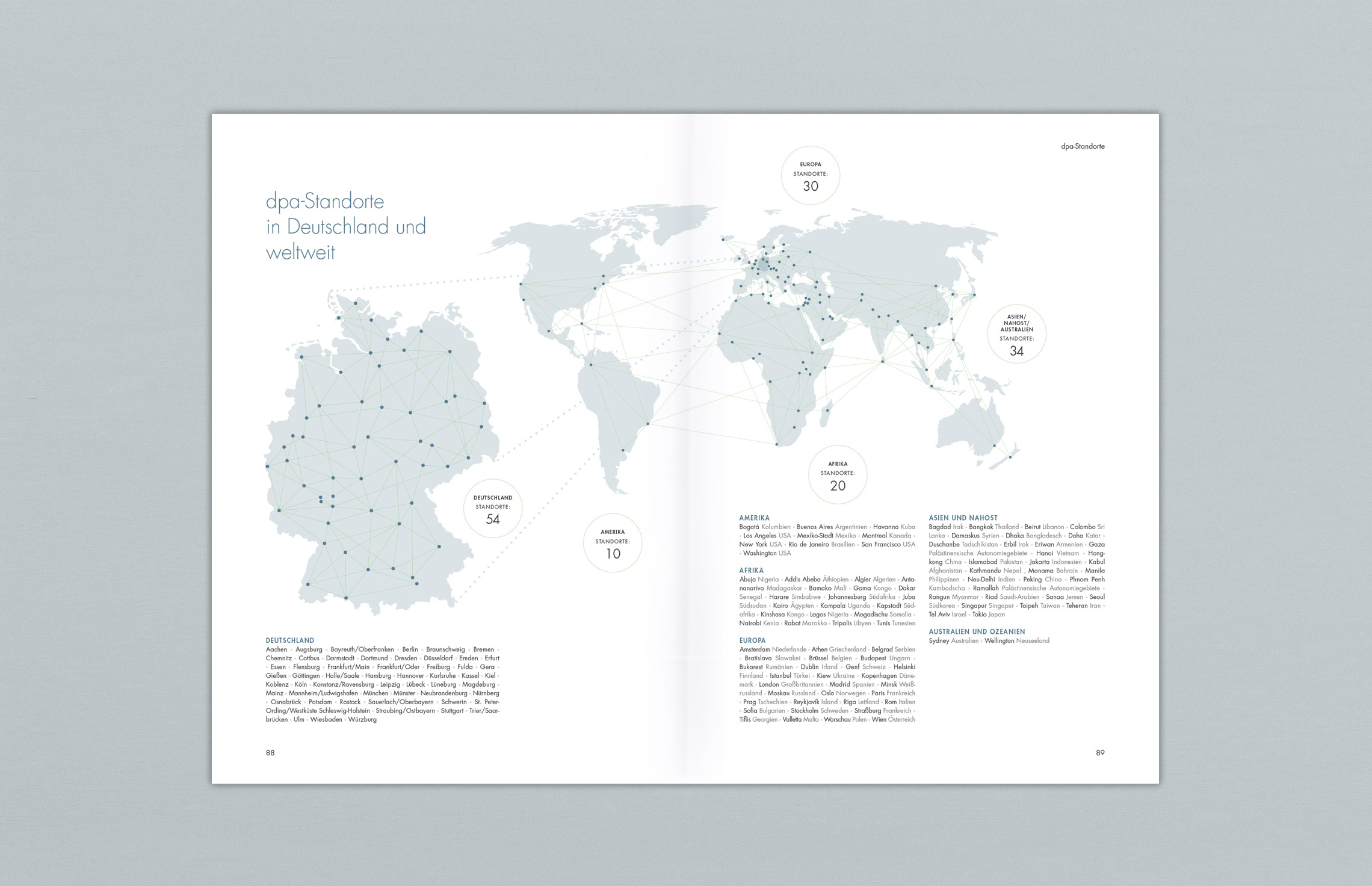 Annual Report Design, Geschäftsbericht 2018 der dpa Deutsche Presse-Agentur, Hamburg (Innenseiten); Typografie, Weltkarte, Deutschlandkarte, Standorte