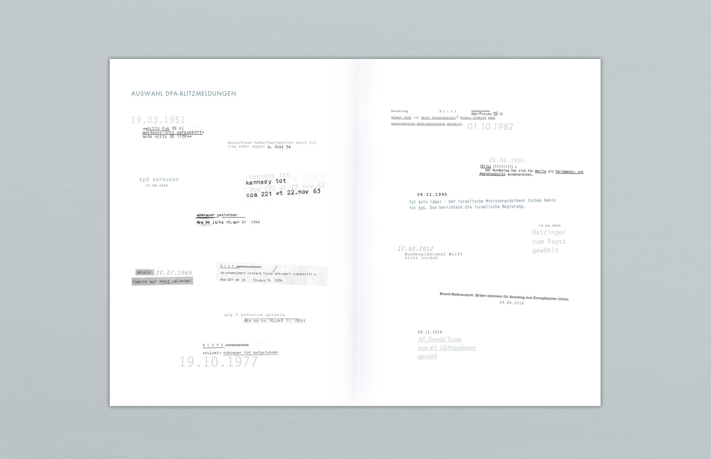 Annual Report Design, Geschäftsbericht 2018 der dpa Deutsche Presse-Agentur, Hamburg (Innenseiten); Typografie, historische Pressemeldungen, Zitate