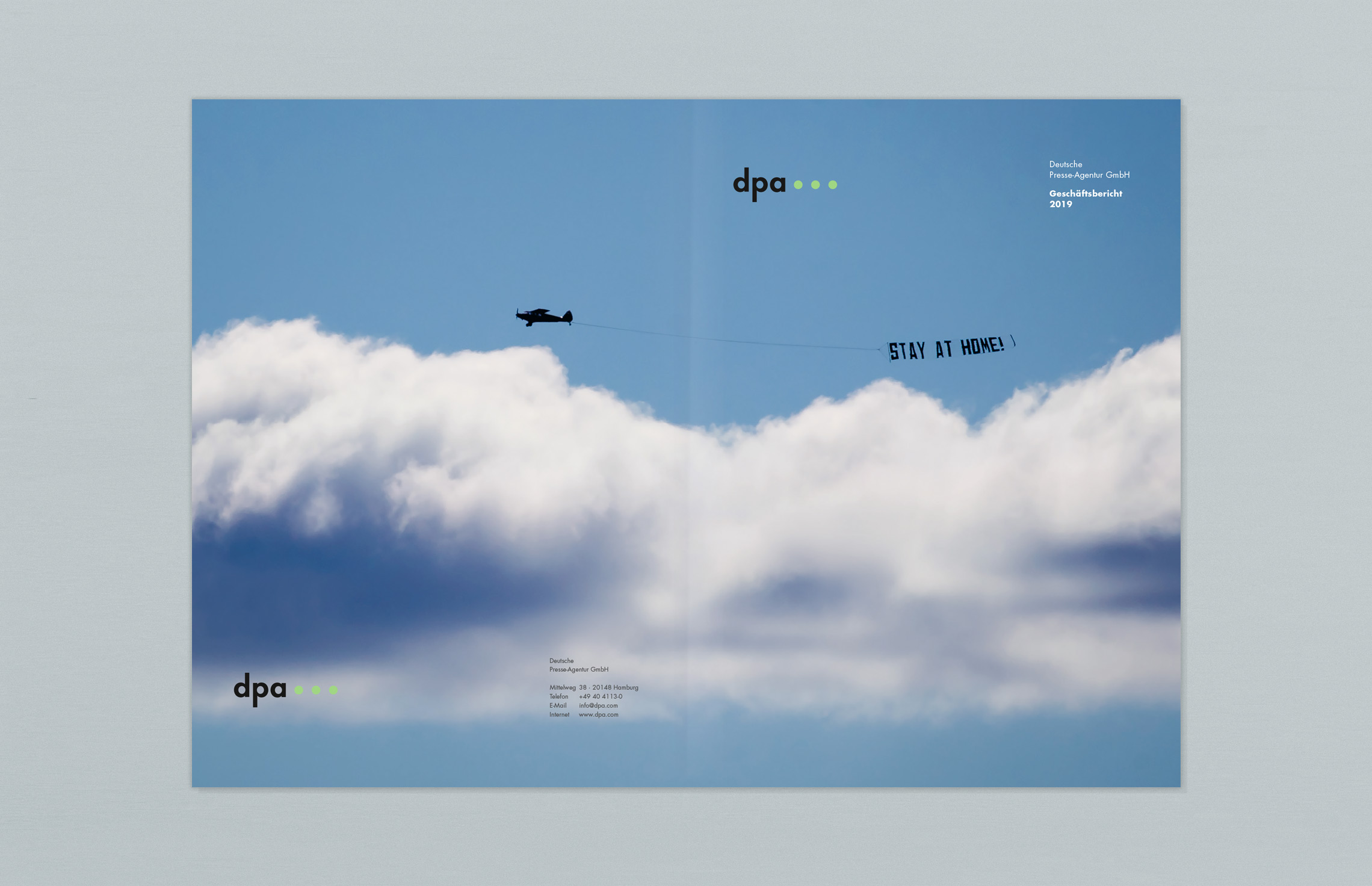 Annual Report Design, Geschäftsbericht 2019 der dpa Deutsche Presse-Agentur, Hamburg; Titel, Umschlag aufgeklappt; Fotografie