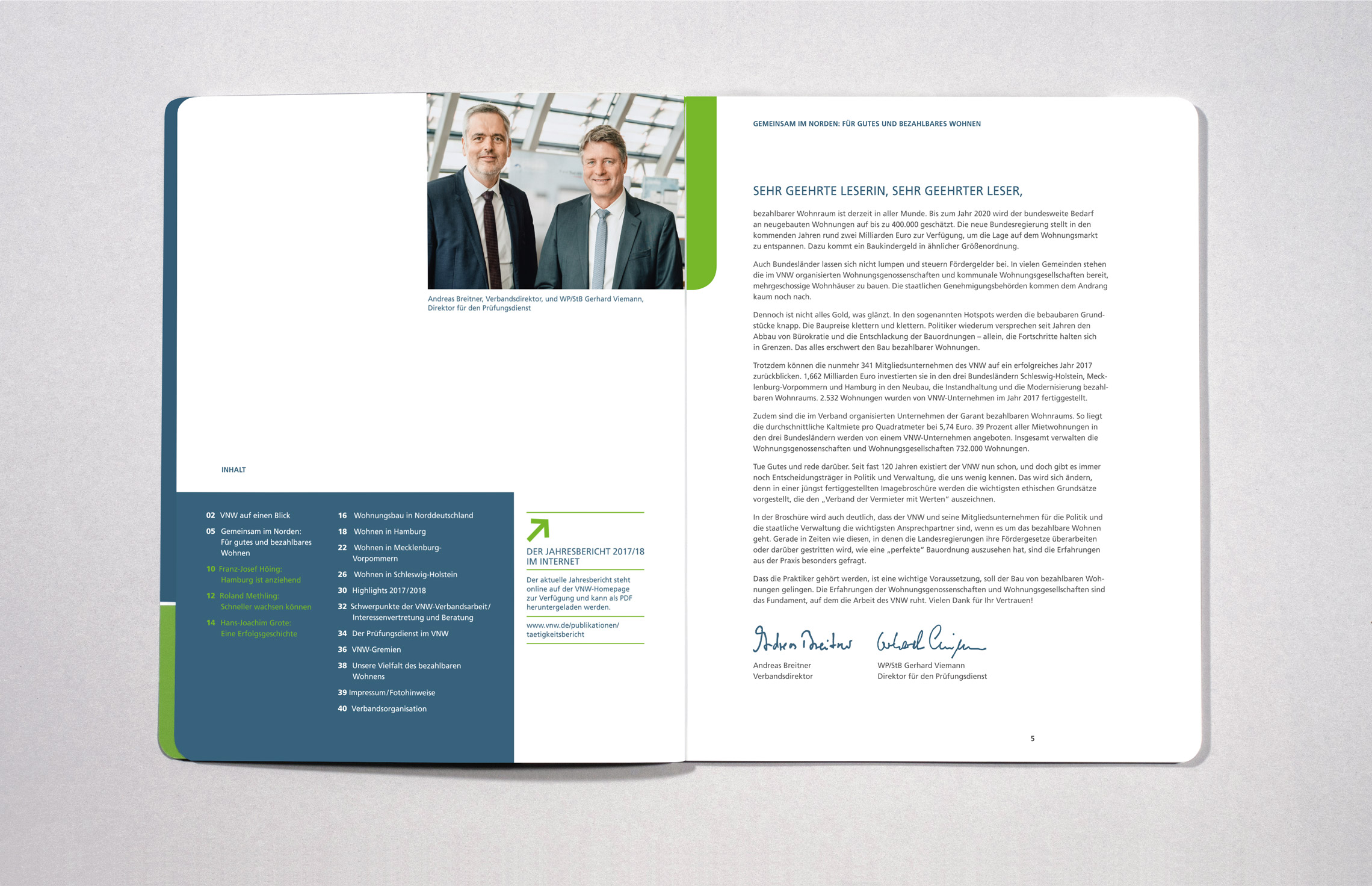 VNW Verband norddeutscher Wohnungsunternehmen e.V., Innenseiten vom Geschäftsbericht 2017/18, Annualreport, Typographie